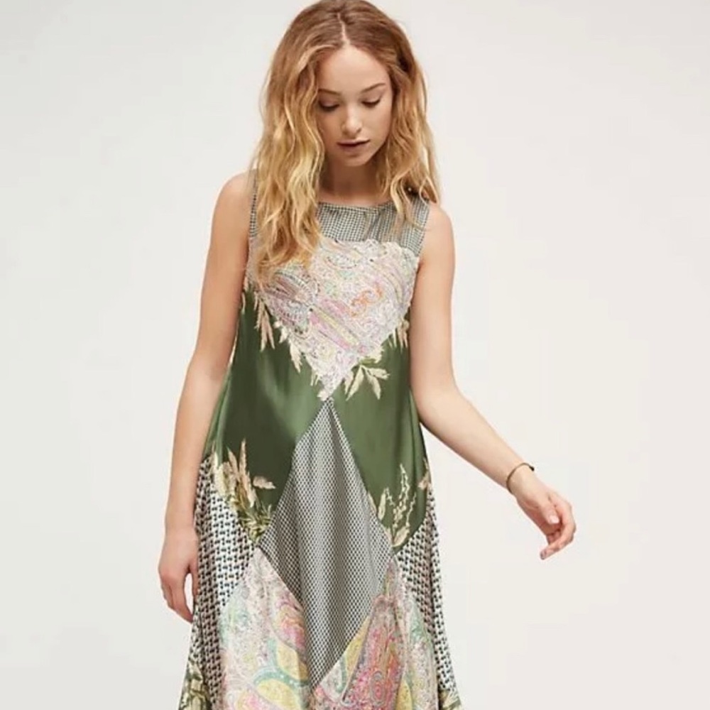 ANTHROPOLOGIE | satin patchwork asymmetrical maxi dress